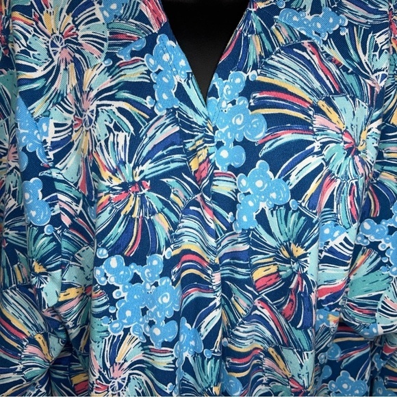 3XL XXXL BLUE ABSTRACT FLORAL SHRUG TOP BLOUSE OPEN FRONT COLORFUL LONG SLEEVE - Picture 5 of 13